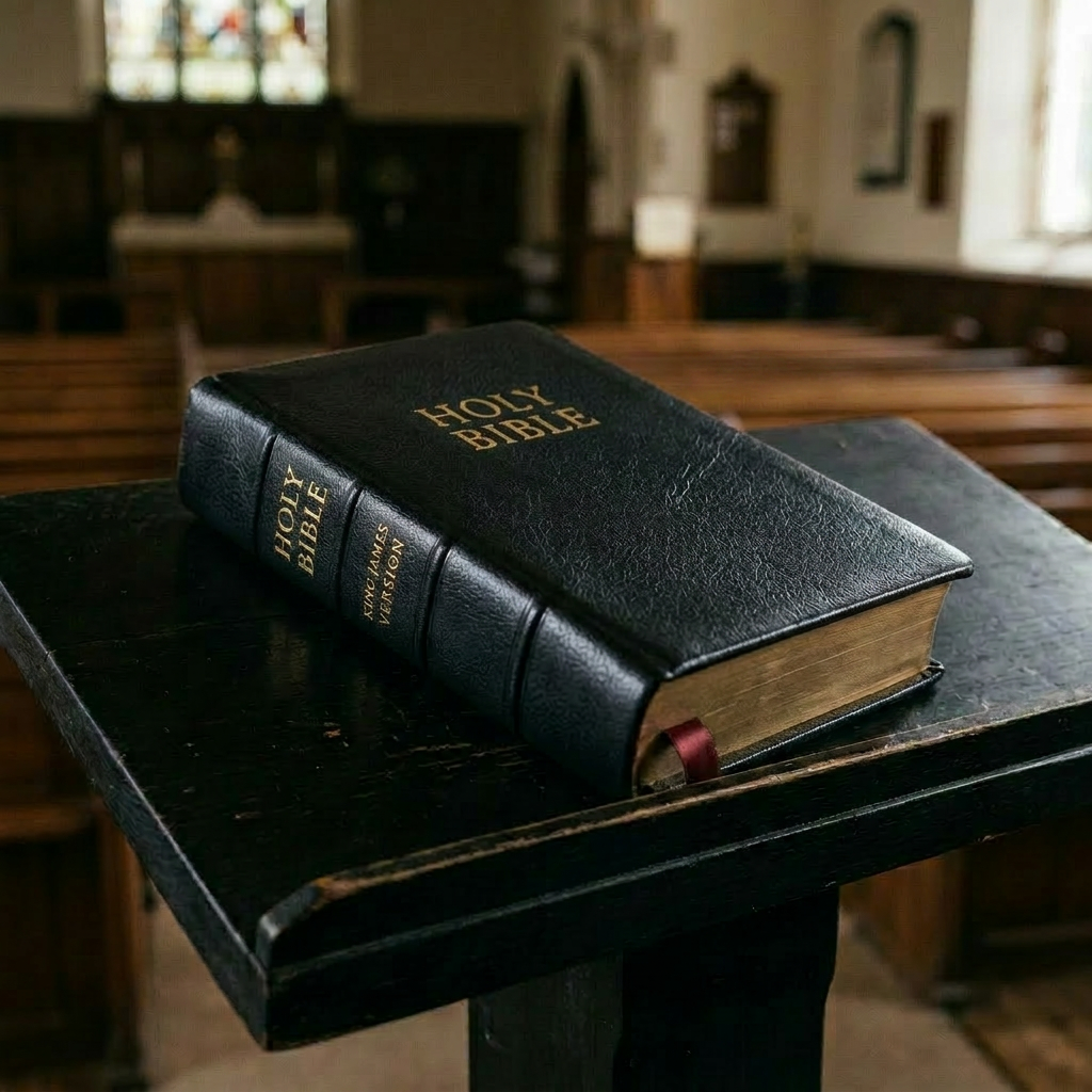 Open King James Bible with red ribbon on lectern inside church